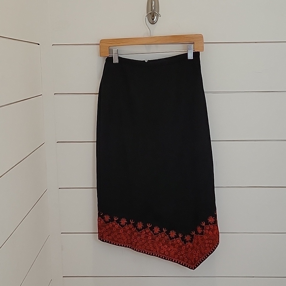 FRENCH connection size 2 black with red embroidery assymetrical midi skirt